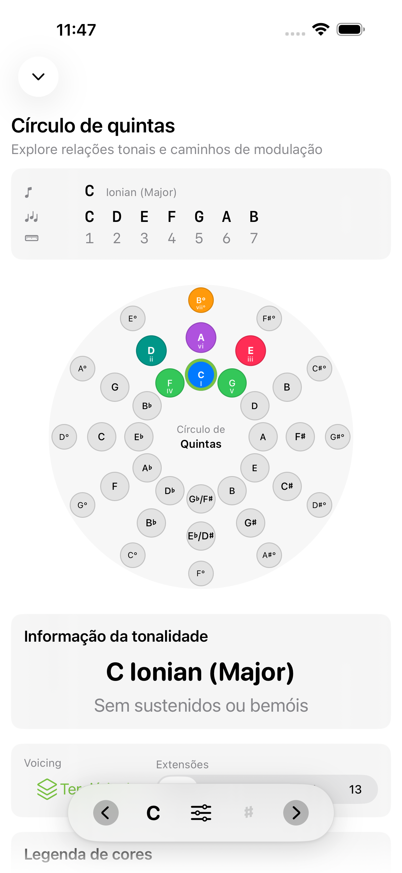 Tela do Círculo de Quintas no iPhone